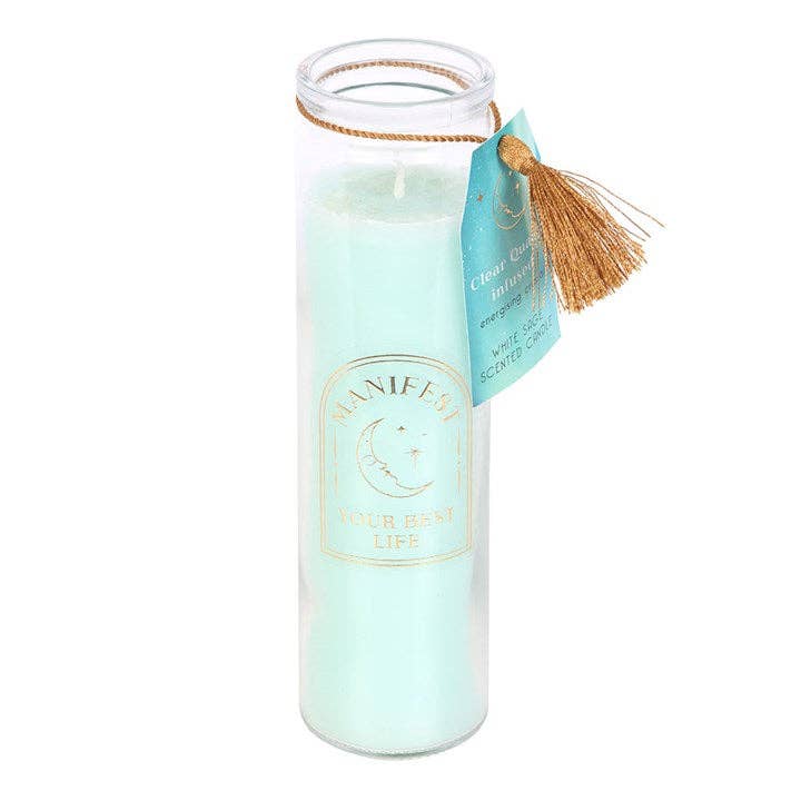 White Sage Candle with Clear Quartz Crystals